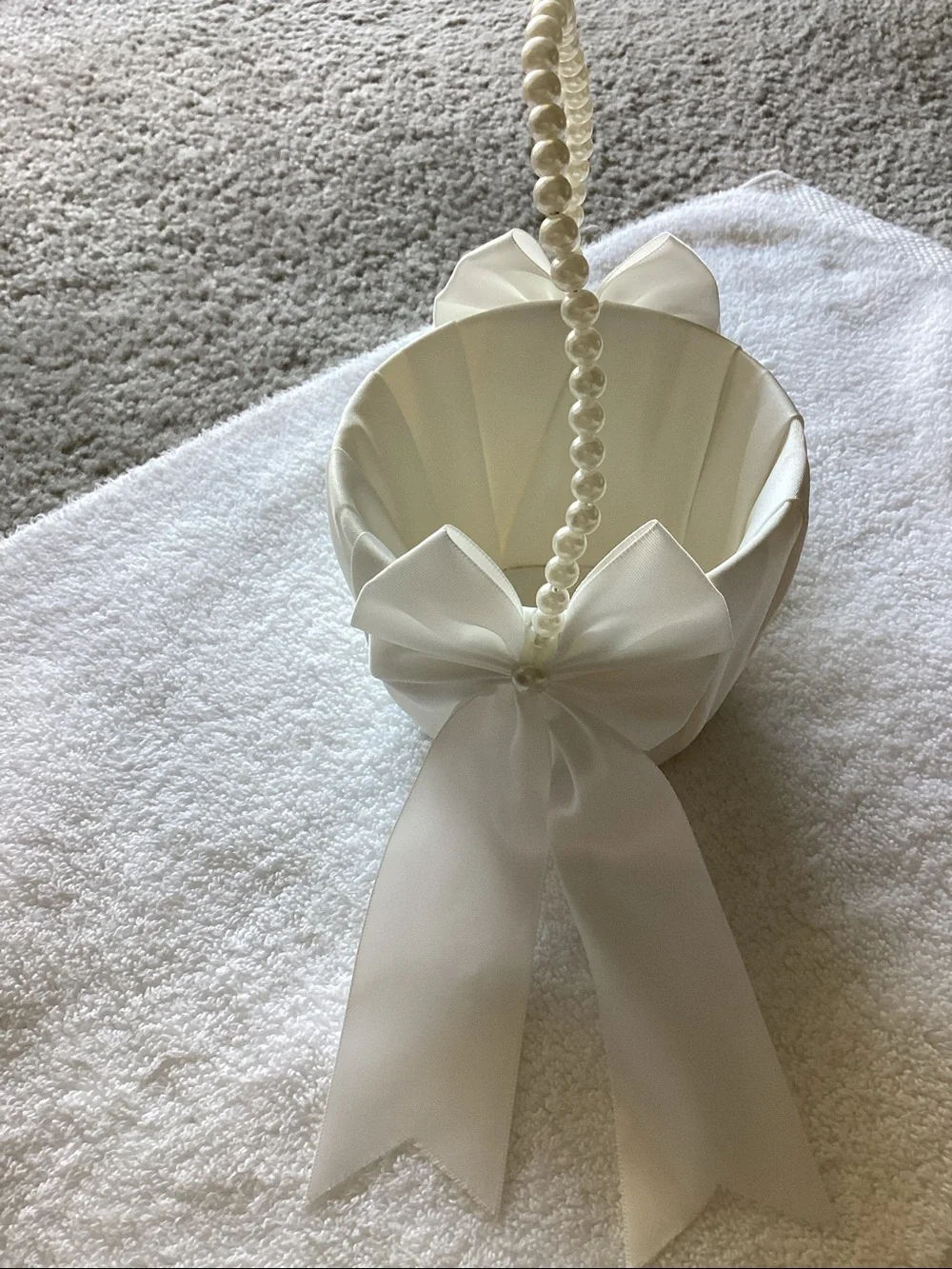 Ivory Satin Flower Girl Basket with Pearl Handle
